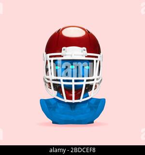 Statue bleu effrayant dans le football américain rouge, casque de sport. Espace négatif pour insérer votre texte. Design moderne. Collage contemporain coloré et conceptuel d'art lumineux avec la tête de statue, historique. Banque D'Images