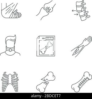 Fractures osseuses pixels Perfect - ensemble d'icônes linéaires. Acquisition de rayons X. Dépositionnement de la colonne vertébrale. Chirurgie. Fracture ouverte. Symboles de contour de ligne mince personnalisables. Isolé Illustration de Vecteur