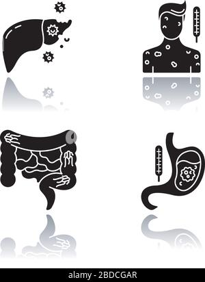 Les maladies dangereuses font tomber les icônes de glyphes noirs d'ombre. Hépatite, rougeole, salmonellose et rotavirus. Diagnostic médical. Différentes maladies virales Illustration de Vecteur