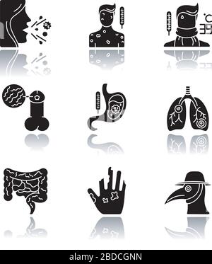 Les maladies infectieuses apparaissent dans l'ombre des icônes de glyphes noirs définies. Diverses infections bactériennes et maladies contagieuses. Divers agents pathogènes bactériens isolés Illustration de Vecteur