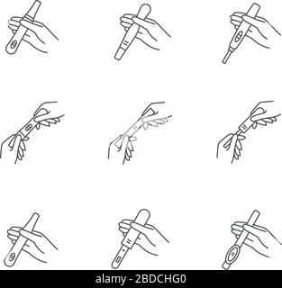 Signe de grossesse précoce pixel parfait icônes linéaires ensemble. Test positif pour la femme enceinte. Vérification gynécologique. Symboles de contour de ligne mince personnalisables Illustration de Vecteur
