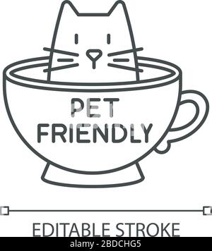 Icône linéaire parfaite café-pixel compatible Cat. Le chaton a permis l'établissement de services alimentaires. Illustration personnalisable en ligne fine. Symbole de contour. Vecteur Illustration de Vecteur