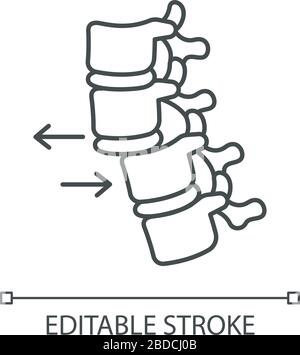 Icône linéaire parfaite de pixel de dislocation de la colonne vertébrale. Déplacement de la vertèbre rachidienne. Lésion médullaire. Illustration personnalisable en ligne fine. Symbole de contour Illustration de Vecteur