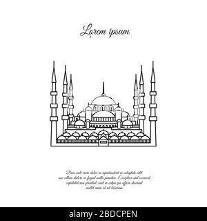 Vecteur de la Mosquée bleue. Mosquée bleue à Stambul. Le Sultanahmet. Icône de la ligne bleue de la Mosquée, signe, symbole. Illustration de Vecteur