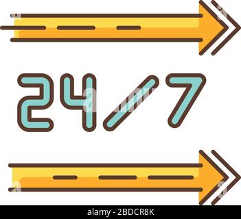 Service 24 heures sur 24, icône couleur RVB. Lignes droites sur le panneau. Direction du magasin ouvert toute la journée. Les flèches pointent vers la gauche. Vingt-quatre sept magasins disponibles. Tous les jours Illustration de Vecteur