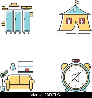 Conditions de Dortoir icônes de couleur RVB définies. Casiers. Salle de gym, placards de rangement de piscine. Tente de marquise. Dorm calme heures. Séjour. Espace partagé Illustration de Vecteur