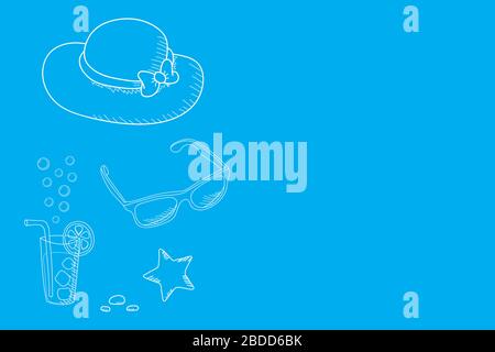 Fond d'été avec chapeau, limonade, étoiles de mer et lunettes de soleil isolés sur fond bleu. Modèle d'illustration vectorielle plate et simple pour l'été Illustration de Vecteur