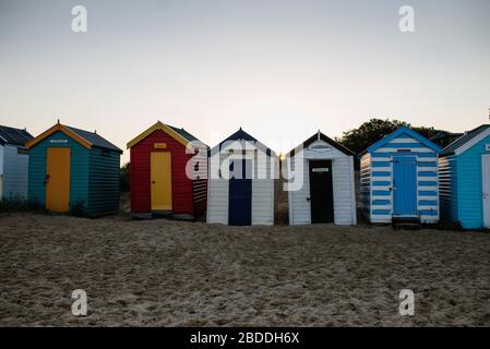 Southwold Beach Huts, lumière du soir Banque D'Images