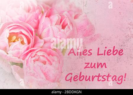 Modèle de cartes de vœux nostalgiques. Fleurs roses avec texte: Joyeux anniversaire en allemand, effet grunge affligé. Banque D'Images