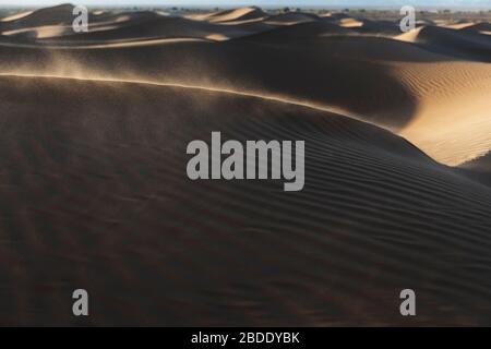 Vent soufflant du sable dans l'air dans les dunes de sable du désert au coucher du soleil. Désert du Sahara, Mhamid, Maroc. Banque D'Images