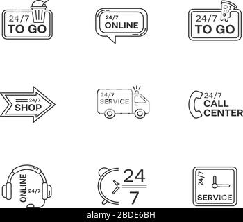 jeu d'icônes linéaires parfaites 24 heures sur 24 pour les pixels de service. Assistance client 24 heures sur 24 en ligne. Livraison quotidienne. Symboles de contour de ligne mince personnalisables. Isolé Illustration de Vecteur