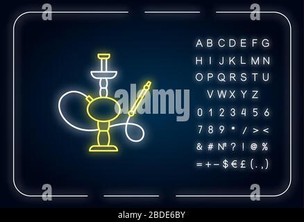 Icône de lumière au néon de hookah. Maison de sheesha. Shisha traditionnel. Salon nargile. Espace fumeurs. Effet brillant extérieur. Signe avec alphabet, chiffres et symboles Illustration de Vecteur