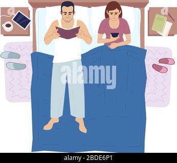 Couple marié se détendre dans la chambre ensemble vue de dessus semi plat RVB couleur illustration vectorielle. Mari et femme sur le lit. Homme lisant livre de papier, femme Illustration de Vecteur