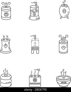 Ionisateurs d'air variété RVB pixel Perfect icônes linéaires ensemble. Dispositifs de climatisation à ultrasons et à vapeur. Symboles de contour de ligne mince personnalisables Illustration de Vecteur