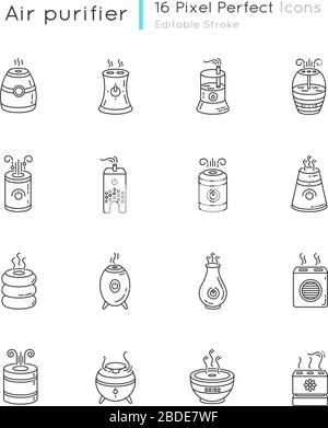 Purificateurs d'air, humidificateurs, ionisateurs pixels Perfect icônes linéaires ensemble. Dispositifs de climatisation. Symboles de contour de ligne mince personnalisables. Vecteur isolé Illustration de Vecteur