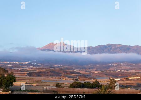 Volcan Teide et Pico Viejo au-dessus du nuage, vue de Playa San Juan, Tenerife, îles Canaries, Espagne Banque D'Images