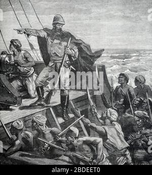 Pirates dans le détroit de Sunda ou le détroit entre l'Indonésie et la Malaisie. Vintage ou ancienne illustration ou gravure 1887 Banque D'Images