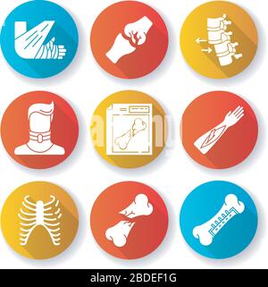 Fractures osseuses conception plate jeu d'icônes de glyphes d'ombre longs. Acquisition de rayons X. Dépositionnement de la colonne vertébrale. Encolure cassée. Chirurgie. Fracture ouverte. Membre et partie du corps Illustration de Vecteur