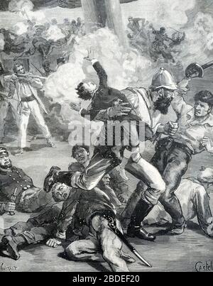 Pirates dans le détroit de Sunda ou détroit entre l'Indonésie et la Malaisie kidnapping Child. Vintage ou ancienne illustration ou gravure 1887 Banque D'Images