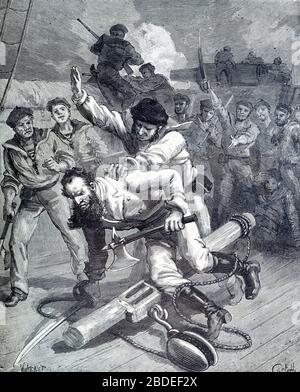 Pirates dans le détroit de Sunda ou détroit entre l'Indonésie et la Malaisie kidnapping Child. Vintage ou ancienne illustration ou gravure 1887 Banque D'Images