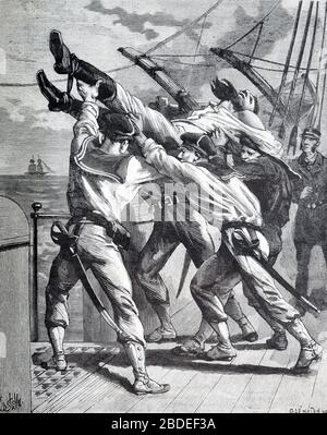 Les marins jettent des pirates à bord dans le détroit de Sunda ou dans le détroit entre l'Indonésie et la Malaisie kidnapping Child. Vintage ou ancienne illustration ou gravure 1887 Banque D'Images