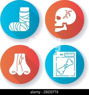 Blessures aux membres et au corps conception plate long jeu d'icônes de glyphes d'ombre. Pied cassé. Os crânien, rupture du nez. Crâne blessé. Fracture nasale. Radiographie, IRM Illustration de Vecteur