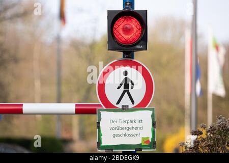 Nordhorn, Allemagne. 08 avril 2020. 'Le zoo est temporairement fermé!' dit un signe du zoo. Au-dessus, un feu de signalisation indique « rouge », une barrière est fermée. Les visiteurs ne sont donc pas dans la région de l'attraction autrement bien visitée. En raison de la crise de Corona, les zoos et les parcs animaux sont actuellement fermés. Crédit: Friso Gentsch/dpa/Alay Live News Banque D'Images