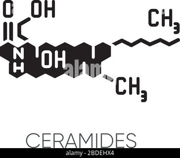 Icône de glyphe noir de céramide. Structure chimique du squelette. Formule scientifique. Recherche en dermatologie. Molécule lipidique. Acides gras. Symbole silhouette activé Illustration de Vecteur