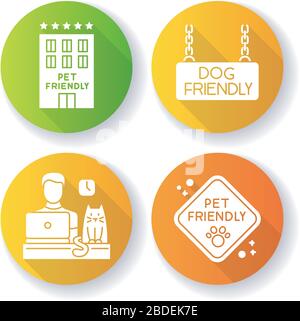 Les sociétés acceptant les animaux ont créé un jeu d'icônes de glyphes d'ombre longs à conception plate. Des amis à quatre pattes ont autorisé des hôtels et des bureaux. Animaux de bienvenue, chats et chiens Illustration de Vecteur