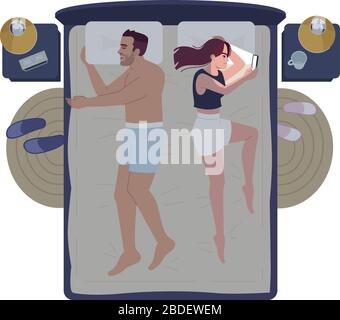 Couple marié dans le lit de nuit semi plat RVB illustration vectorielle de couleur. Petit ami et petite amie dans la chambre. Mari dormir et femme discuter, utiliser Illustration de Vecteur