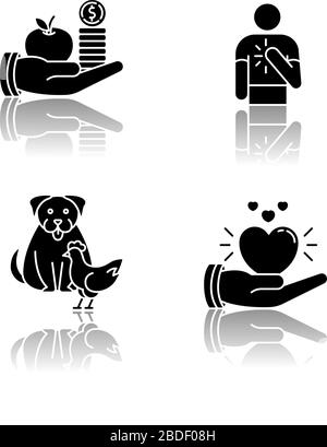 Support convivial jeu d'icônes de glyphe noir ombre de goutte. Symboles de relations interpersonnelles. Altruisme, honnêteté, amitié interespèces et compassion Illustration de Vecteur