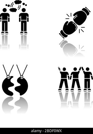 Types d'amitié drop shadow noir glyphe icônes définies. Compréhension mutuelle, rivalité, meilleur ami et compagnie amicale. Symboles de connexion sociale Illustration de Vecteur