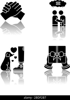 Les liens amicaux sont des icônes de glyphes noirs d'ombre de chute définies. Attachement émotionnel fort, symboles d'amitié. Fraternité, empathie, fidélité et générosité Illustration de Vecteur