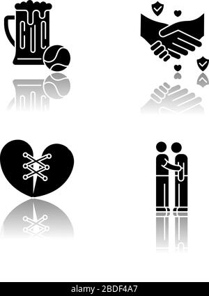 Les meilleurs amis ont des icônes de glyphes noirs d'ombre définies. Lien interpersonnel fort, symboles d'amitié. Passe-temps, confiance, pardon et soutien d'amis Illustration de Vecteur