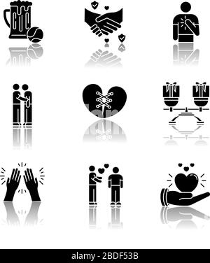 Les icônes de glyphe noir de l'ombre de la relation des amis sont définies. Connexion sociale, solides symboles de liens interpersonnels. Communication amicale, bourse Illustration de Vecteur