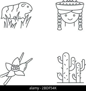 Pérou pixel Perfect icônes linéaires ensemble. Pays Incas. Cochon d'Inde, fille péruvienne, vanille, cactus. Symboles de contour de ligne mince personnalisables. Isolé Illustration de Vecteur