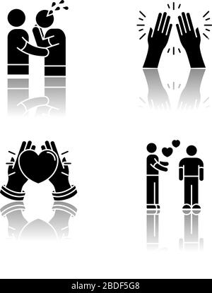 Ensemble d'icônes de glyphe noir ombre de DROP de connexion sociale. Relations interpersonnelles, symboles d'amitié. Sympathie, vertu, gentillesse et affection Illustration de Vecteur