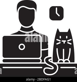 Icône de glyphe noir de bureau acceptant les animaux. Territoire autorisé pour les animaux domestiques. Cat sur le lieu de travail, le chaton et le travail humain sur ordinateur. Symbole silhouette Illustration de Vecteur