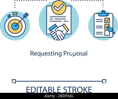 Icône de concept de proposition de demande. Demander aux fournisseurs potentiels de proposer une idée d'illustration de ligne mince. Documentation sur les contrats commerciaux et les contrats. Vecteur Illustration de Vecteur