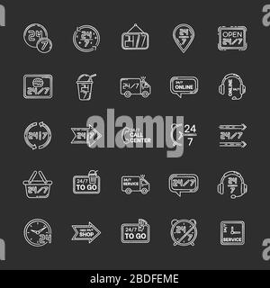 24 7 heures de service craie icônes blanches définies sur fond noir. Heures de travail 24 heures sur 24 dans un magasin de proximité. 24 heures en boutique ouverte. Assistance téléphonique et Illustration de Vecteur