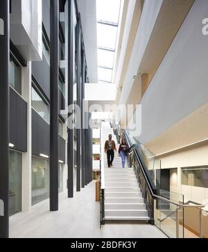 Couloir avec lucarne et escalier. BÂTIMENT STEM - Université du Bedforshire, Luton, Royaume-Uni. Architecte: MCW, 2019. Banque D'Images