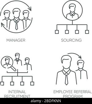 Jeu d'icônes linéaires parfaites pour les pixels de recherche. Programme de recrutement interne et de recommandation d'employés symboles de contour de ligne mince personnalisables. Isolé Illustration de Vecteur