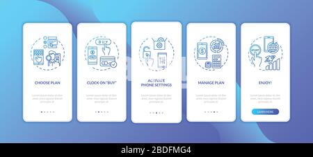 Écran de la page des applications mobiles d'intégration du plan tarifaire avec concepts. Activation des paramètres du smartphone instructions graphiques en 5 étapes. Vecteur d'interface utilisateur Illustration de Vecteur