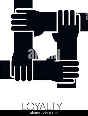 Icône de glyphe noir de fidélité. Liaison sociale, liaison collective. Symbole d'amitié, d'unité, de silhouette de travail d'équipe sur l'espace blanc. Les gens se tiennent ensemble Illustration de Vecteur