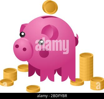 Moneybox sous forme de cochon en céramique avec des pièces qui y tombent. Concept d'économie d'argent. Illustration vectorielle Illustration de Vecteur