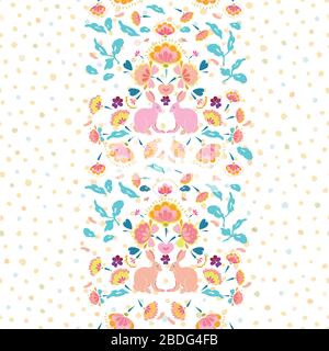 Art folklorique vectoriel boho bord vertical de lapin de pâques sur fond blanc en pointillés. Motif printemps élégant. Événement et vacances. Motif de répétition de surface. Illustration de Vecteur