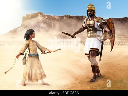 L'isrealite David attaque le géant Philistine Goliath avec une élingue dans la vallée d'Elah, Israël, tridimensionnel Banque D'Images