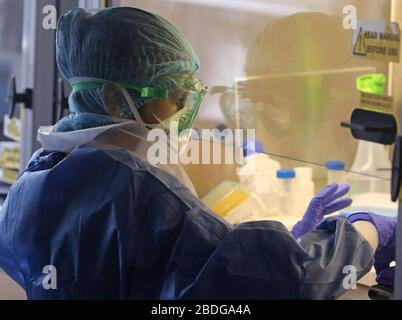 Colombo, Sri Lanka. 8 avril 2020. Un technicien de laboratoire teste des échantillons pour COVID-19 en laboratoire de l'Institut de recherche médicale à Colombo, Sri Lanka, le 8 avril 2020. Crédit: Pradeep Dambarage/ZUMA Wire/Alay Live News Banque D'Images
