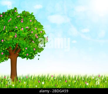 Printemps nature fond avec de l'herbe bien verte et l'arbre fleurissant. Vector illustration Illustration de Vecteur