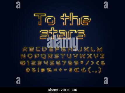 Vers le modèle de police des étoiles néon. Jeu d'alphabet vectoriel lumineux jaune. Lettres majuscules, chiffres et symboles lumineux avec effet brillant extérieur Illustration de Vecteur